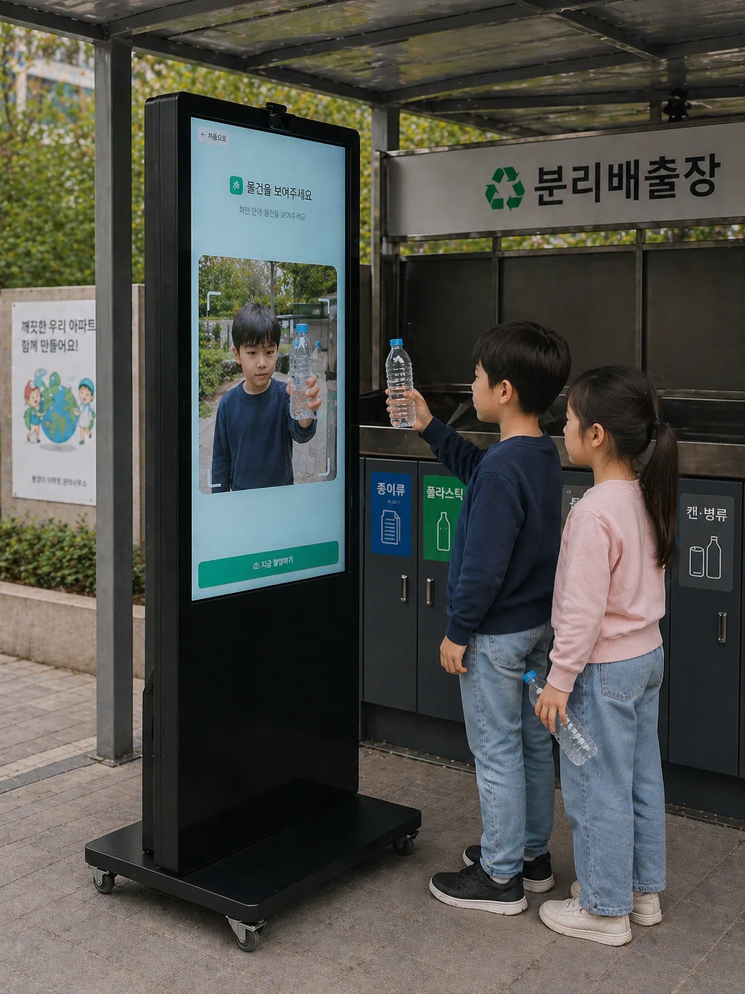 아파트 분리배출장 앞 EcoLens 키오스크 사용 장면