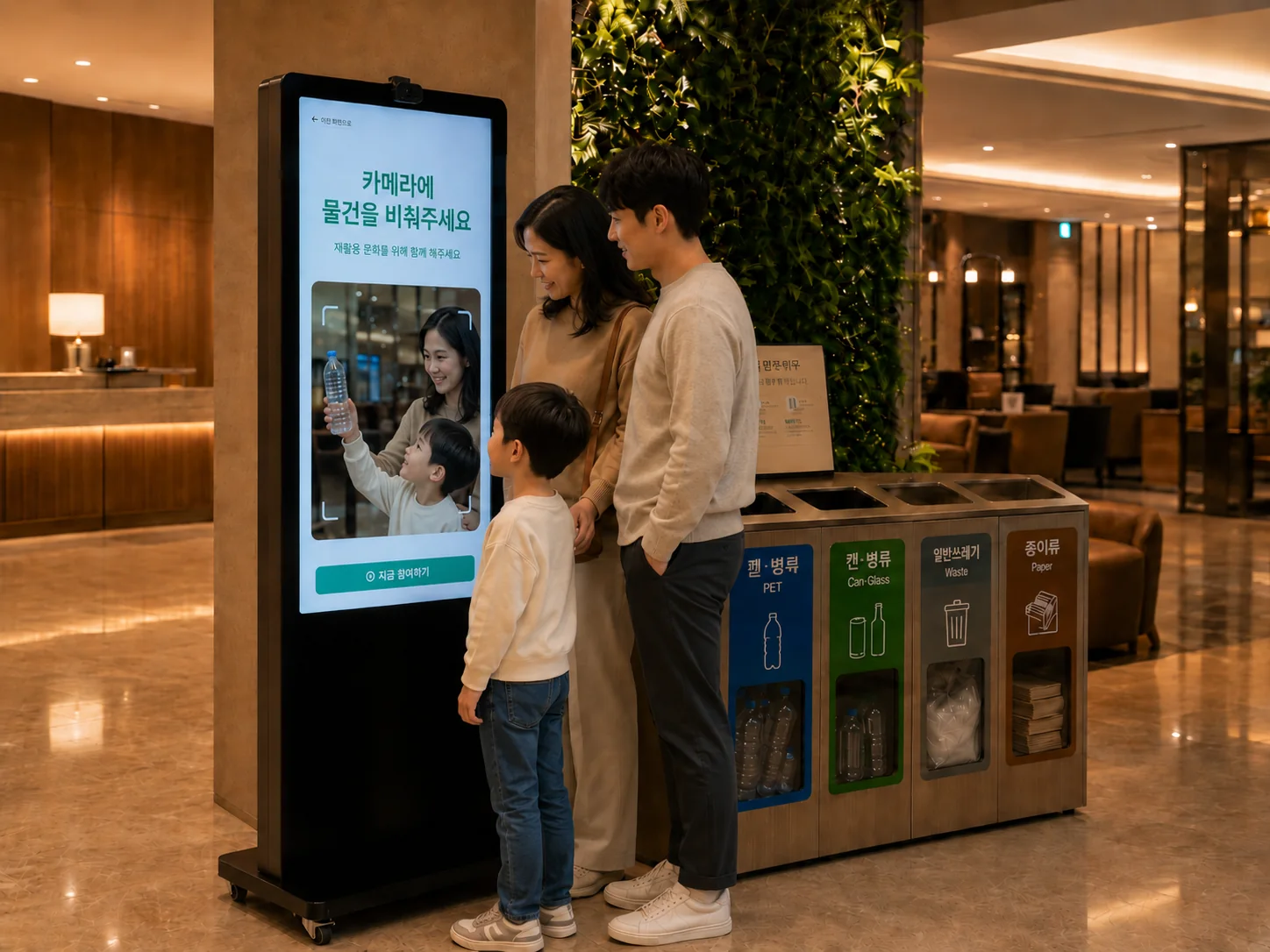 호텔에서 가족이 EcoLens 분리배출 안내를 체험하는 모습